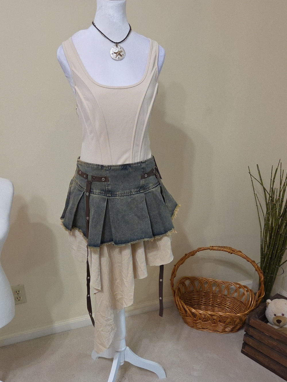 Layered Beige and Washed Assymetricsl Pleated Mini Skirt Short Size M